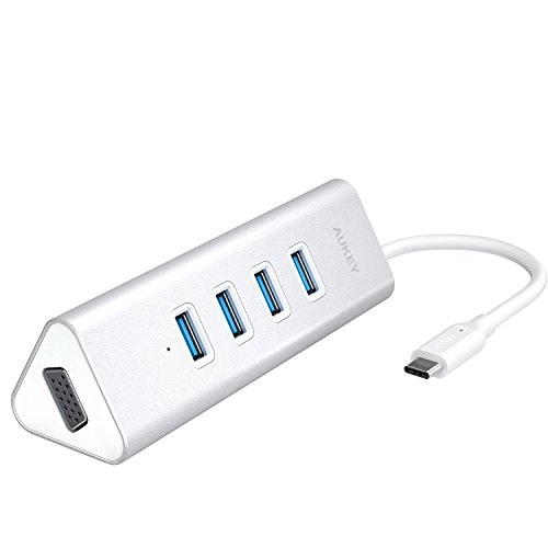 AUKEY USB C Hub Aluminium 4 Ports USB 3.0 und VGA Port (1080P Auflösung) Type C Hub mit 18cm Kabel für New Macbook,Macbook Pro 2016,Google ChromeBook Pixel 2015 (Sliver)