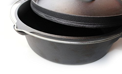 Santos Gusseisen Dutch Oven – ohne Füße – Durchmesser 30cm x 9,5cm Höhe (ohne Deckel), 5,6 Liter, 4-6 Personen, ca. 12“ – Feuertopf Schmortopf Camp Oven für Gasgrill Kohlegrill und offenes Feuer - 5