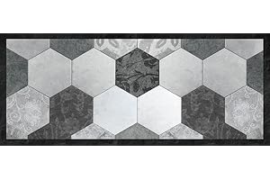 CREARREDA Tapis de Cuisine en PVC Tapis de Cuisine antidérapant, Lavable, Ignifuge et Anti-Rayures 100% Made in Italy Tapis de cuisineGrey Exagons 50x120