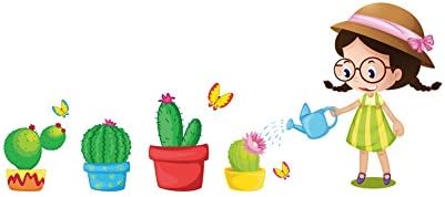 Winhappyhome Girl &amp; Cactus Wall Art Stickers for Bedroom Living Room Coffee Shop Background Removable Decor Decals
