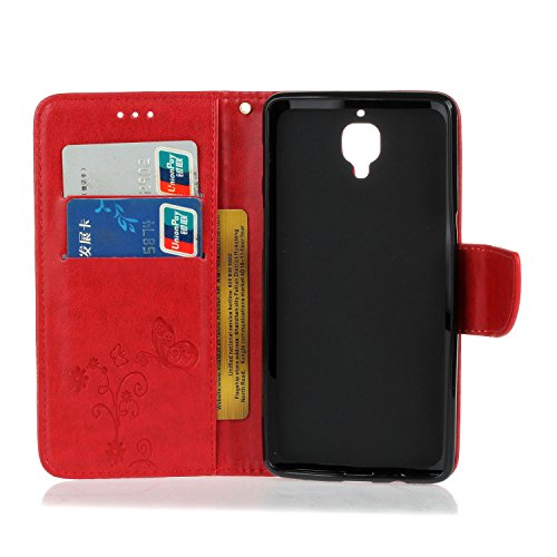OnePlus 3 / OnePlus 3T Hülle,Cozy Hut ® Schmetterling Series Book Type Slim Fit Soft Silikon Magnetverschluss Schutzhülle PU Leder Hülle Flip Wallet Case Kunst leder Tasche Cover mit Standfunktion und Kartenfächer für OnePlus 3 / OnePlus 3T – Rote - 3