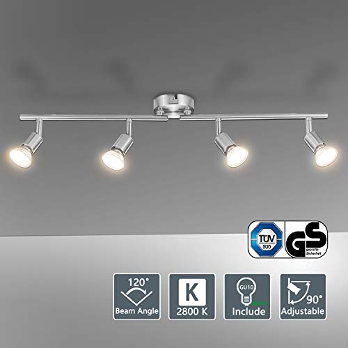 Bojim Lámpara de techo LED Plafón con Focos Giratorios 4X Bombillas GU10 Bajo consumo 6W 220V 2800K Blanco cálido 600lm 82Ra IP20 Níquel Mate Longitud