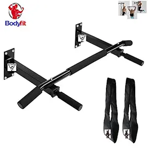 BODYFIT Wall Mounting Chin Up Bar Height Increase Solid 1 Piece Construction Bar + Ab Straps