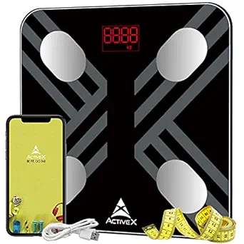 ActiveX (Australia) Savvy Plus - Rechargeable Digital Body Composition Body Fat Scale with free ActiveX app and Measuring tape- Charcoal Black