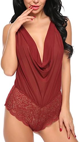 Kinikiss Women Sexy Lace Halter Teddy Backless Lingerie Deep V-Neck Babydoll Sleepwear 3 Colors 5 Sizes