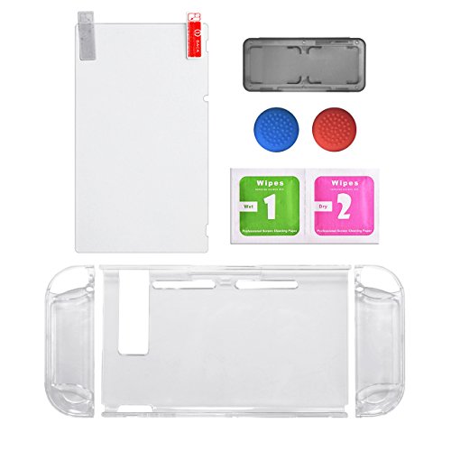 Protective Accessories Bundle,Screen Protector for Nintendo Switch Replacements Thumb Caps for Nintendo Switch Joy-con with Neon Blue/Neon Red(Clear Color)