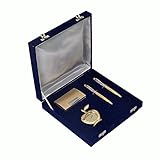 JEWEL FUEL 2 German Silver Gold Plated Ball Pen, Gold Plated Visiting Card Holder, Apple Table Clock Gift Set