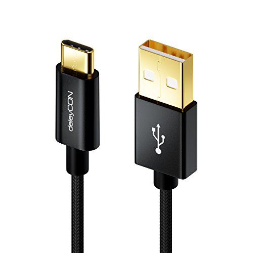 deleyCON USB C Kabel 0,15m Nylon + Metallstecker auf USB 2.0 (Typ-A) / Ladekabel Datenkabel für Smartphone / Tablet / PC / Laptop / Notebook – Schwarz - 3