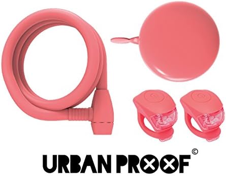 URBAN PROOF Bike Accessory Set, Bell, Lock &amp; Lights, Coral Pink