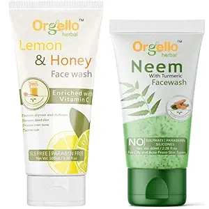 Orgello Herbal Lemon Honey Face Wash | 1 X 100 ml | Neem And Turmeric Face Wash | 1 X 60 ml | Men Women Boys Girls | All Skin Types | Paraben Sulphate Free | Pack of 2