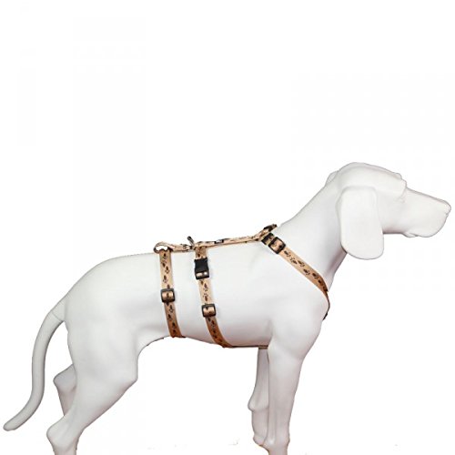 Preisvergleich Produktbild No Exit ausbruchsicheres Hundegeschirr für Angsthund, Sicherheitsgeschirr für Pflegehunde , Panikgeschirr, beige mit braunen Pfötchen, Bauchumfang 40-60 cm, 15 mm Bandbreite