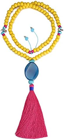 eManco Statement Yellow Wood Bead Chain Necklace with Blue Stone Tassel Pendant for Women Fashion Jewellery