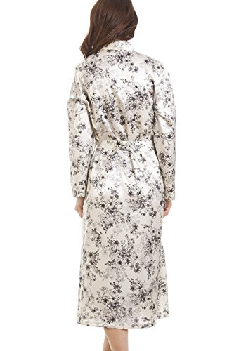 Langer Morgenmantel aus Satin – Cremeweiß mit Blumenmuster - 2