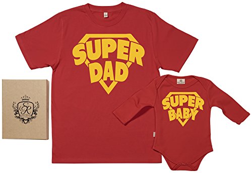 SR - Gift Boxed Dad & Baby Gift Set - SuperDad & SuperBaby Organic Matching Father T-Shirt & Babygrow - Red - X-Large & 0-6 Months