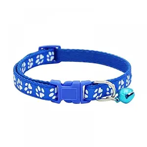 Woofy Footprint Cat Collar with Bell Basic Dog Cat Collar Buckle Adjustable Polyester Cat Dog Collar with Bell 10 MM (Blue Color)