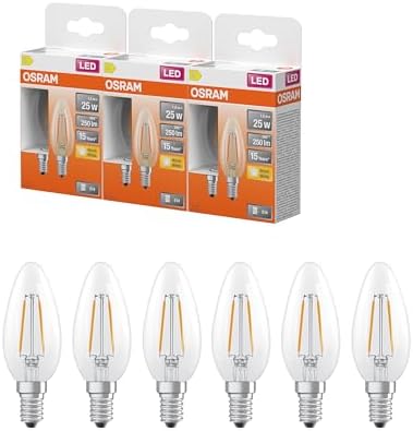 OSRAM Lampada LED Star Candle Shape B25 a filamento, 2700 K bianco caldo, 1,8 W, E14, trasparente, 250 lm, 15.000 ore, per lampadari, apparecchi decorativi,3-Pack