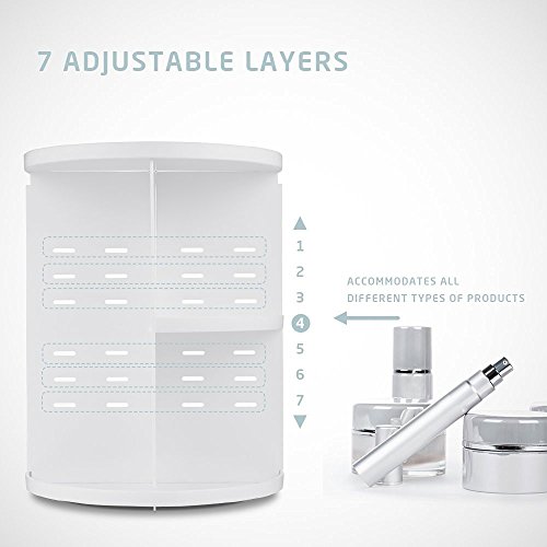 Jerrybox 360 Grad Drehbarer Make up Organizer Einstellbarer Kosmetikorganizer Multifunktionale Aufbewahrungsbox, Großer Stauraum, 7 Verstellbare Ebenen, Passend für Schminke, Gesichtswasser, Cremes, Kosmetikpinsel und Lippenstifte, Weiß - 4