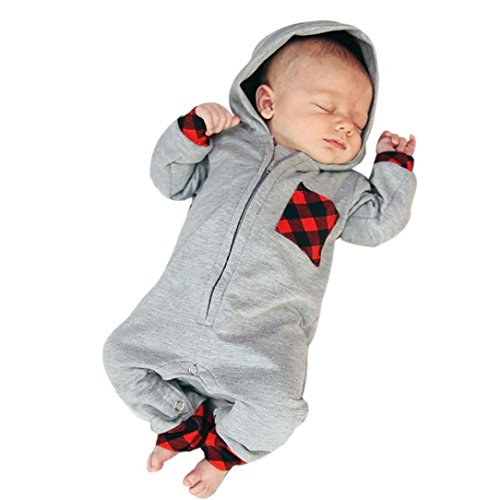 Preisvergleich Produktbild Longra Neugeborenes Baby Mädchen Jungen Kapuzenpullover Strampler Set Babymode Unisex Kleidung mit Plaid Overall Langarm Body Baby Schlafstrampler(0 -24 Monate) (100CM 18Monate, Gray)