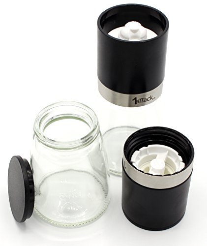 1aTTack.de Salz Pfeffermühle Set (2 Stück) Echtglas, Edelstahl Ring, Einstellbarer Feinheit, Gewürzmühle schwarz 140ml - 5
