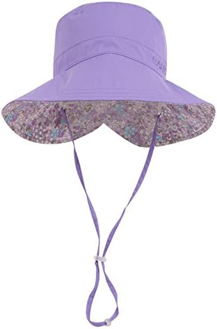 Wide Brim Bucket Sun Hat UV50+ Protection - Summer Boonie Fishing Beach Hats with Adjustable Chin Cord and Flower Pattern Design - Packable Outdoor Floppy Cap - Women Men (Purple, Kids (54CM-56CM))