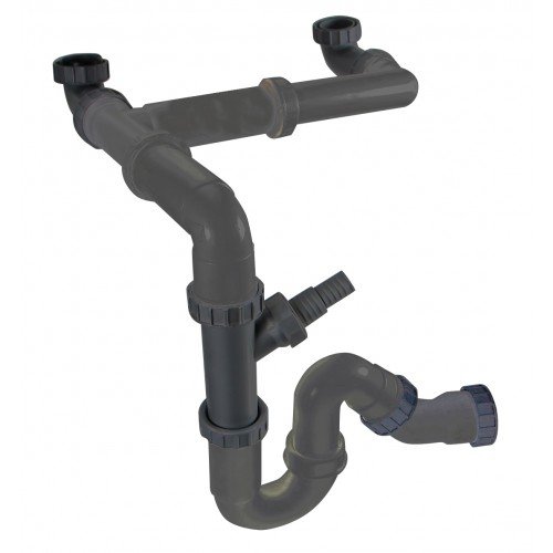 Doppelter, raumsparender Siphon/ Multifunktion Sifon Mizzo/ Röhrensiphon 1 1/2“ für Küchenspüle, Geschirrspüler und Waschmaschine. Anschluss waagerecht oder vertikal. - 3