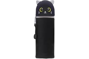 GDFJBG Trousse Ecole 2 en1 en Silicone Souple - Kawaii, Koala Porte-Plume, Fermeture Eclair en Silicone, Pochette de Stylo, avec Support pour Stylo,Extensible en Forme de Animal (Chat Noir)