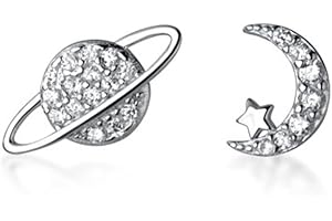 BSLVWG Star Moon pendientes asimétricas plateadas Star Moon Planet clavos de orejas de cartílago pequeño para mujeres regalo de joyas perforadas hipoalergénicas para niñas adolescentes