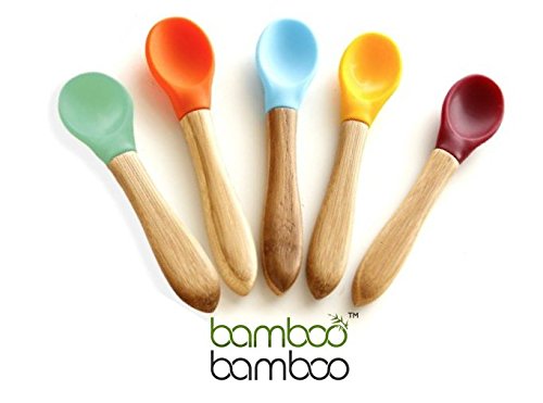 Bamboo Baby Feeding Spoons with Soft Curved Silicone Bowl Tips for Toddlers and Infants Yellow (Pack of 2)
