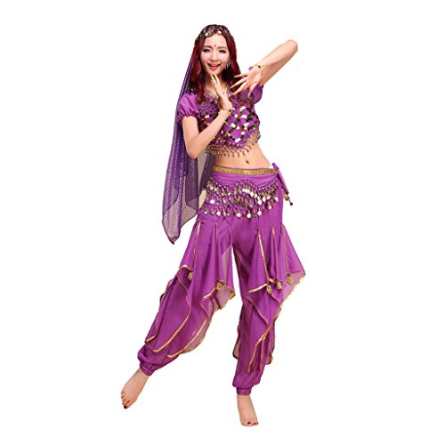 Best Dance Women's Belly Dance Costume Colorful Top&Gold Wavy Pants&Hip Scarf Purple