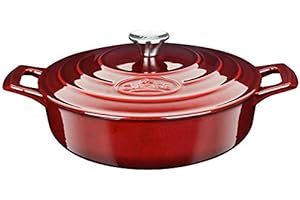 LA CUISINE FOR LIFE La Cuisine 28 cm Enameled Cast Iron Saute Pan Braiser – 3.5 Litre - Matte Black Enamel Interior, Cranberry Porcelain Enamel Exterior