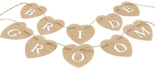 Junxia Jute Hessian Burlap Rustic Wedding BRIDE &amp; GROOM Mini Chair Bunting Banner Sign