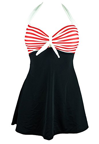 MiYang Vintage Sailor Pin Up Swimsuit One Piece Skirtini Cover Up Swimdress XL Black (red striped)