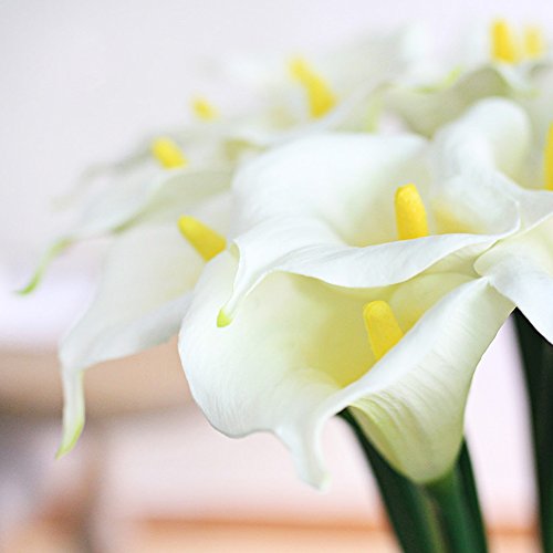 10 Stück JUYUAN-EU Calla künstliche Blumen mit Blätter Dekoriere Kunstblumen Latex Real Touch Bridal Wedding Bouquet Home Decor Weiss - 3