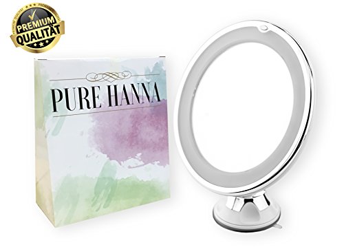 PUREHANNA Kosmetikspiegel mit LED Beleuchtung und 10-Facher Vergrößerung, Schminkspiegel mit Saugnapf-Grundplatte, Ø 17, 5 cm