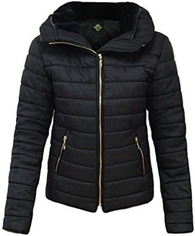 AMBER APPAREL NEW LADIES WOMENS QUILTED PADDED PUFFER BUBBLE FUR COLLAR WARM THICK JACKET COAT - BLACK/12