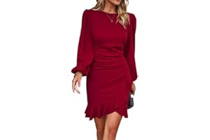 Haibang Damen Kleid Elegant Langarm Bodycon Rüschen Puffärmel Kurz Kleider Einfarbige Abendkleider Partykleid Vintage Freizeitkleid Rundhals Businesskleider Sexy Bleistiftkleid für Festlich Hochzeit