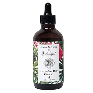 Indulgeo Essentials Gain Again Luxuriant Hair Vitalizer, 120 ml For Men & Women Hair Growth Serum | Scalp Nourishment | Made In India |Onion Seed Oil, Geranium Oil, Ylang Ylang Oil | Grow Volume | Thickness | Reduce Hair Fall |Hydration - Prevents Dandruff | Anti-Hair Fall | 100% Organic & Safe | Cruelty-Free | No Paraben or Sulphate| Non-oily or Greasy