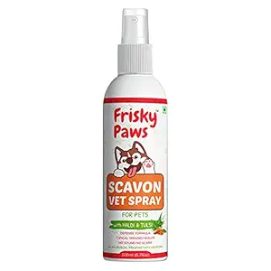 Frisky Paws Scavon Topical Injury Healer for Dogs & Cats | Veterinary Herbal Spray for All Types of Wounds, Skin Problems | Pet Wound Healing Spray for Dogs and Cats of All Breeds - 200 ml