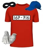 Gangster Kostüm Set für Panzerknacker Fans JGA Karneval Fasching Herren T-Shirt+Cap+Handschuhe+Maske, Größe: L,rot