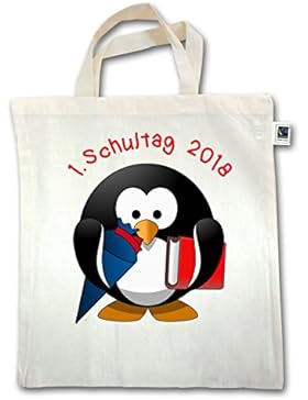 Einschulung - 1. Schultag 2018 Pinguin Schultüte Buch - Unisize - Natural - XT500 - Jutebeutel kurzer Henkel