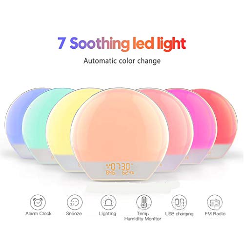 Preisvergleich Produktbild FENGCLOCK Wake Up Licht Wecker Digital Funkuhr, Simulierter Sonnenaufgang Sonnenuntergang Natur aufwachen Bunte Atmosphäre LED-Nachtlicht, FM-Radiowecker