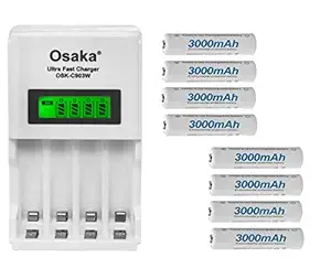OSAKA HR06 3000mAh AA Ni-Mh Rechargeable Batteries 8 Pieces with OSK-C903W Battery Charger Set