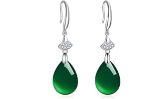 LILOVE Vintage Naturel Émeraude Jade Calcédoine Femme Boucles d'oreilles 925 Argent Goutte d'eau Vert Jadéite Pierres Précieuses Bijoux Fins pour Mère Cadeau