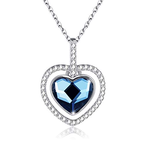 Collier avec pendentif coeur de dames amour avec cristal bleu swarovski, Collier en argent sterling 925 avec zircone 5A, Chaîne d'extension 45 + 5cm