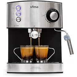 UFESA CE7240 Cafetière 850 W Réservoir d'eau Amovible 1,6 L, 20 Bars, Pompe à Pression, Double Préparation pour Café, Cuisson Vapeur, Métal, Acier Anti-Rouille, 1.6 liters, Noir et Argent
