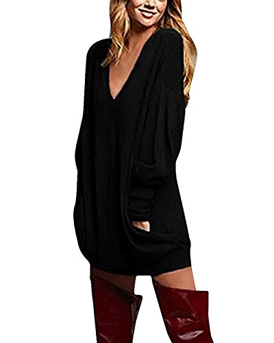 Yidarton Tunique Femme Grande Taille Manches Longues Casual Sexy Col V Pullover T-Shirt Robe Blouse Longue (Noir, S)