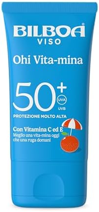 Bilboa, Ohi Vita‑mina, Crema Solare Viso SPF 50+, Formato Viaggio, con Vitamina C e Vitamina E, Ideale Contro Rughe e Macchie, Adatto a Zone Sensibili, Resistente all’Acqua, 40 ml