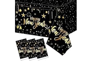 HEREER Tovaglia rettangolare in plastica nera e oro, per Capodanno, 3 pezzi, per Natale, Capodanno 2025