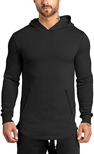 LANGCHEN Men's Gym Workout Hoodie Training Sports Pullover with Zipper Pockets Hoody Black X-Small