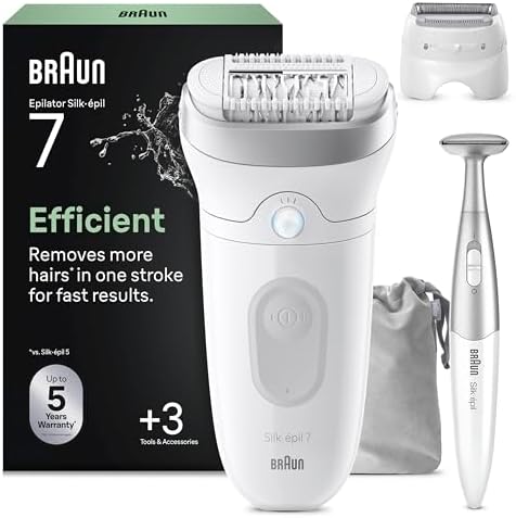 Braun Silk Epil 7 Epilatore Elettrico Donna Con Testina Ampia Per Una Facile Rimozione Dei Peli, Wet&Dry, Pelle Liscia, Include Testina Radente, Cappuccio Regolatore E Rifinitore Bikini, 7-241,Argento